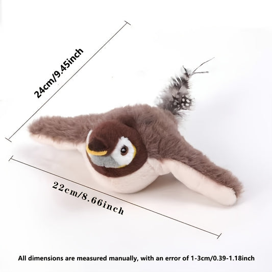 1 Plush Squeaky Bird Toy for Cats and Dogs, Self-Wobbling Electric Boredom Reliever, Realistic Artificial Feathered Sparrow - Polyester Fiber